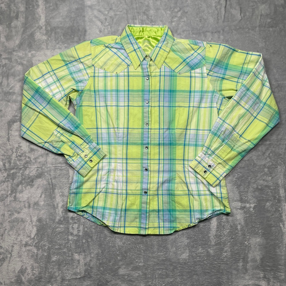 Twenty X Western Button Up Snap Shirt Women Large Green Plaid Studded Tailored